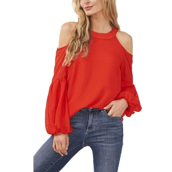 Cece Cold Shoulder Poppy Red Shirt Sz M - Picture 1 of 6